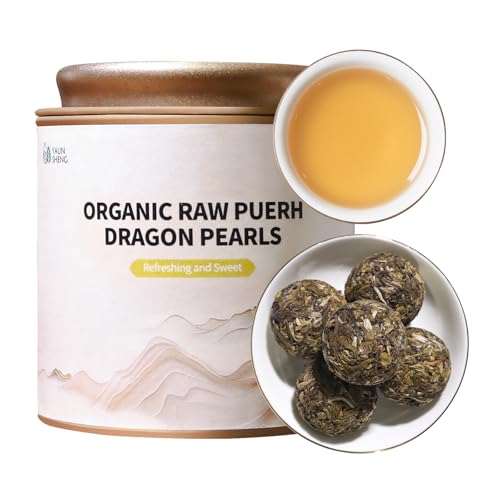 YUANSHENG Organic Raw Puerh Tea Grade AA, 3 Years Raw Puerh Dragon Pearls, 15 Count Raw Puerh Mini Tea Cake with Smooth and Sweet Flavor, Chinese Yunnan Puerh Leaves No Fishy Pu'er Balls, 4.2 Oz