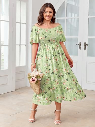Image of SCOMCHIC Women's Plus Size Summer Dress Casual Short Sleeve Scoop Neck Maxi Dress Smocked Ruffle Boho Flowy Long Dresses
