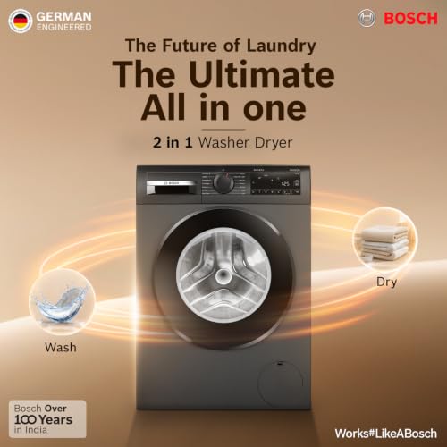Image of Bosch 12 kg (washer), 7 kg (Dryer) 5 Star Front Load Fully Automatic Washer Dryer Machine, AI ActiveWater, Inbuilt heater, 14 Wash Programs, 66L Large Drum, Cast Iron Grey, WNA2740RIN (2026 model)