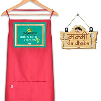 Indigifts for Mom | Mummy Da Dhaba Printed Kitchen Wall Hanging & Pink Apron 26x30 inches | Cute & Useful Gift for Mom, Mom-Mummy-Maa-Birthday, Kitchen Door Sign, Best Mom Ever
