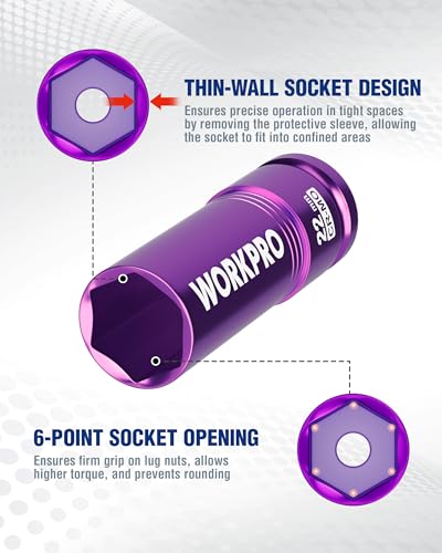 Image of WORKPRO 1 /2 inch Drive Lug Nut Impact Duty Socket, 22mm Deep Thin Wall Socket, Made of Premium Cr-Mo Steel, Non-Marring Lug Nut Wheel Sockets for Car