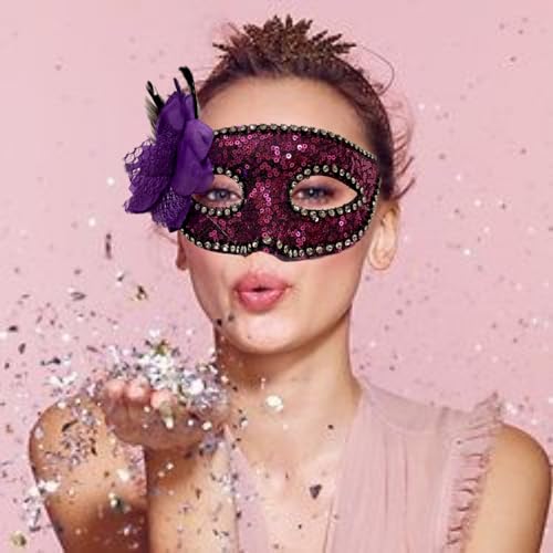 Image of Wanna Party Pink Sequin Masquerade Mask with flower for Women for Masquerade Party, Venetian party,Stage Performances,Eye Mask for Halloween, Birthday, Adult Party,50 shades of Grey party