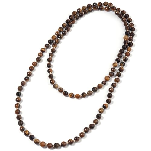 BALIBALI 108 Mala Beads Necklace 8mm Natural Semi-Precious Stone Meditation Long Beaded Necklace Wrap Bracelet Handmade Gemstone Jewelry for Women Men (Tiger Eye)