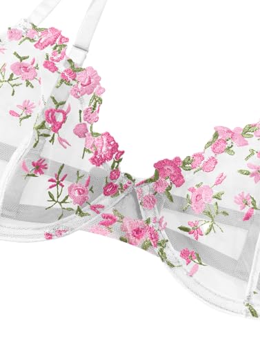 Image of Lilosy Sexy Floral Embroidered Mesh Sheer Underwire Lingerie Set