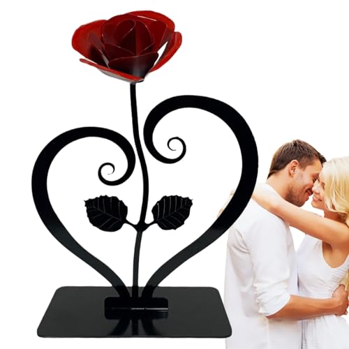 Rosa de Hierro con Soporte, Rosa eterna, Rosa de Hierro Rojo con Soporte de Metal, Rosa de Metal forjada a Mano - Escultura de Rosa, Regalo de San Valentín, para Aniversario, día de la Madre