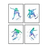 Skateboarding Watercolor Wall Art Prints - Set of Four - Great Gift for Skaters - Chic Home Decor - Ready to Frame (8X10) Vintage Photos