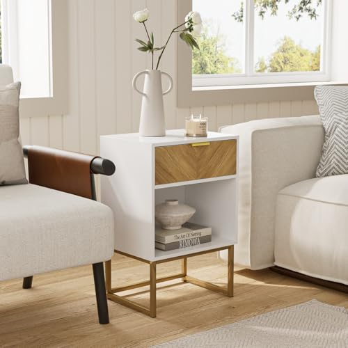Miniatura 5 de Heyzoey Mesita De Noche Moderna De Madera Con Cajón Y Compartimento Abierto, Mesa Auxiliar Para Dormitorio Y Sala De Estar Blanco, 40 X 30 X 60 Cm