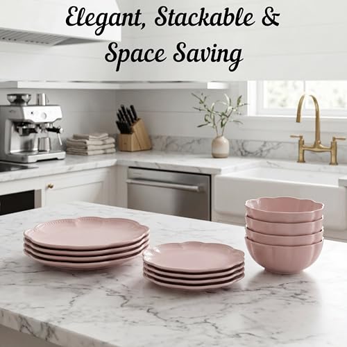 Image of Sango 12 Pieces Scalloped Dinnerware Set, Modern Pink Dishes for 4, Premium Serving Plates & Bowls Sets, Chip Resistant, Blush Ceramic Dishware, Kitchen Dish, Microwave & Dishwasher Safe, Bethany
