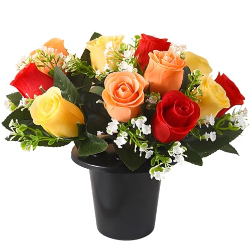 FYKZQWDS Artificial Flowers for Graves, Silk Flowers for Graves, Grave Flowers Artificial in Pot Suitable for Cemetery Decoration Christmas Tribute and Commemoration (Red Orange Yellow)