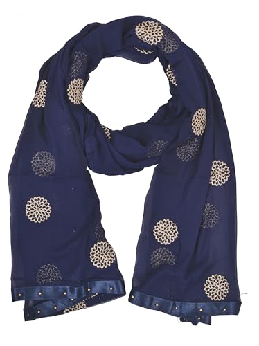 Image of YOUTHQUAKE Golden Floral Embroidery Work Chiffon Dupatta for Womens & Girls with Fancy Moti Lace