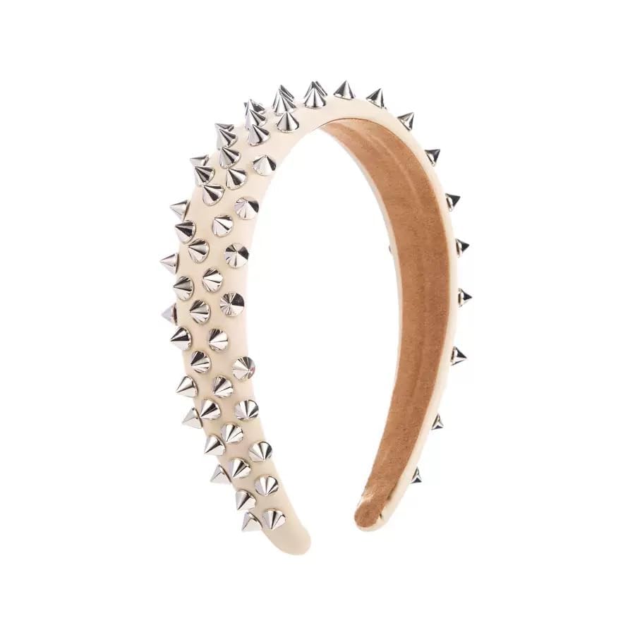 RETZLA Punk Studded Headband, Rock Roll Hair Band, Spike Hair Clips for Halloween Cosplay Party (White)