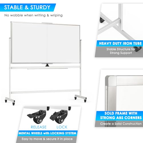 Double Sided Rolling Whiteboard, 72 x 40 Large White Board with Stands, 360° Reversible Magnetic Dry Erase Board on Wheels for School, Classroom, Office
