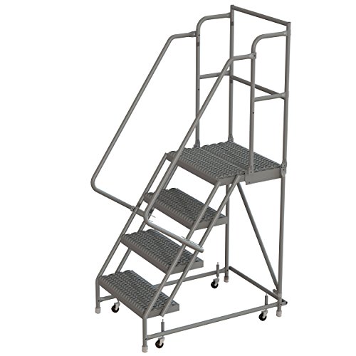 Image of Tri-Arc KDSR104162-D2 4-Step 20 inch Deep Top Steel Rolling Industrial & Warehouse Ladder with Handrails, 16 inch Wide Grip Strut Tread