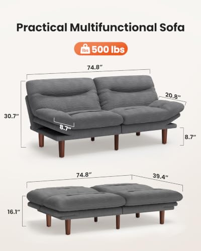 Image of Amada Convertible Corduroy Futon Sofa Bed, 75 inch, Dark Grey