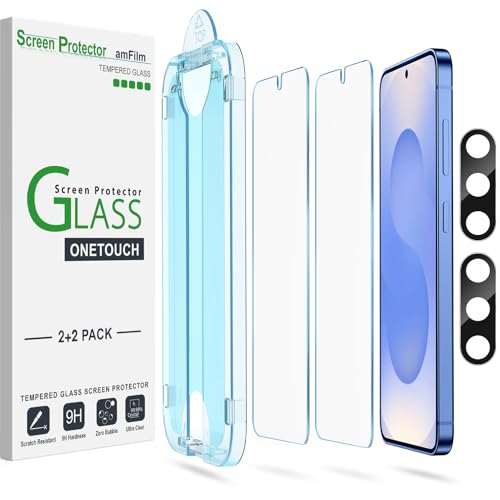 amFilm 2 Pack OneTouch Tempered Glass Screen Protector for Samsung Galaxy S25 5G 6.2 Inch, 9H Hardness with 2 Pack Tempered Glass Camera Lens Protector and Easy Installation Kit