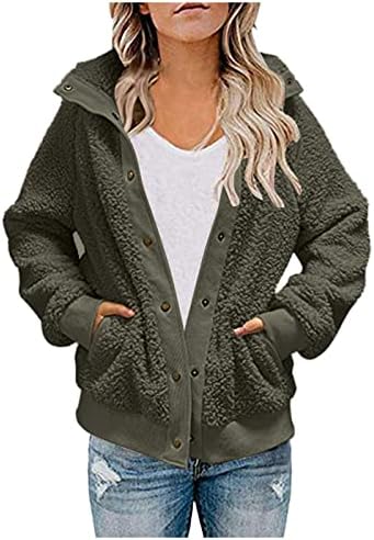 Womens Warm Winter Oversized Sherpa Hoodie Fuzzy Fleece Jacket Snap Button Thermal Parka Lapel Pocket Jackets Fluffy Coat(Army Green,X-Large)