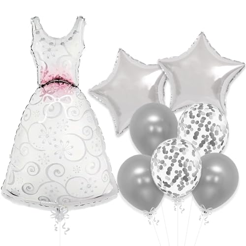 Image of Rozi Decoration Bride Dress Foil Balloon Set, Silver, Wedding Party Decorations, 8 Pieces, Star and Confetti Balloons