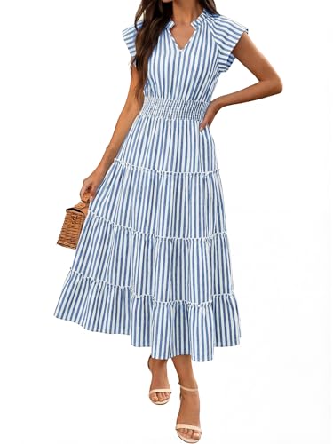 Caracilia Womens Summer Maxi Dresses Casual V Neck Cap Sleeve Gingham Striped Dress Flowy Tiered Beach Vacation Midi Sundress Blue White Striped Large