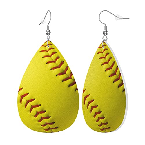 Yellow Softball Faux Leather Teardrop Earrings for Women Drop Dangle Earrings2