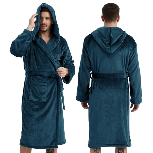 Mens Fleece Bathrobe with Hood,Plush Mens Bathrobe -Soft& Warm Knee Length