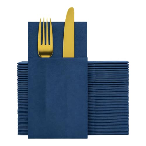 GzfunTeng Navy Blue Linen Feel Napkins Disposable with Flatware Pocket