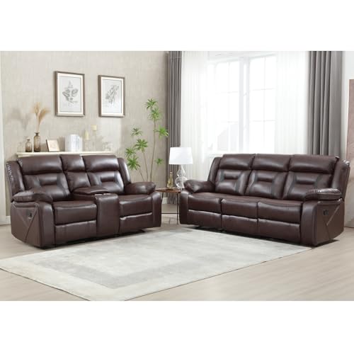 Image of EBELLO Manual Recliner Sofa Set, Faux Leather Reclining Living Room Furniture Set, Included Loveseat and 3 Seat Manual Recliner Sofa, Dark Brown(Loveseat+Sofa)