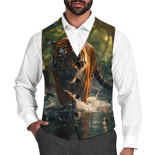 Green Forests Tiger Men's Suit Vest Waistcoat Vests Formal Dress with 2 Pockets for Business Casual Tuxedo