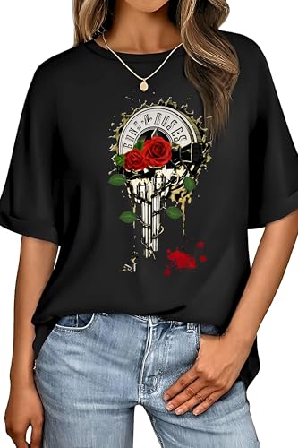 Image of Rock Band Graphic T-Shirt, Black, Oversize Fit, Red Rose and Gun Design
