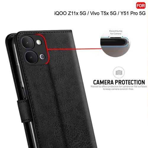 Image of TheGiftKart Flip Back Cover Case for iQOO Z11x 5G / Vivo T5x 5G / Vivo Y51 Pro 5G | Genuine Leather Finish | Designer Button | Inbuilt Pockets & Stand | Flip Back Case Cover (Faux Leather, Black)