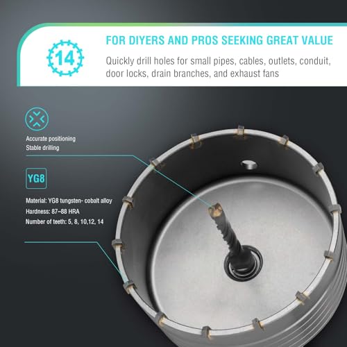 Image of BINOTA 15PCS 40-125 mm (1-9 /16 inch to 4-15 /16 inch) Concrete Hole Saw Kit | Tungsten carbide drill set; SDS-Plus & SDS-Max shanks; Cross-type center drill bit; Dry drilling for concrete /brick /stone