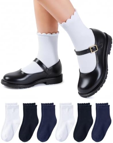 HONGTEYA 6 Pairs Cotton Girls Socks Ruffle Kids Crew Ankle School Uniform