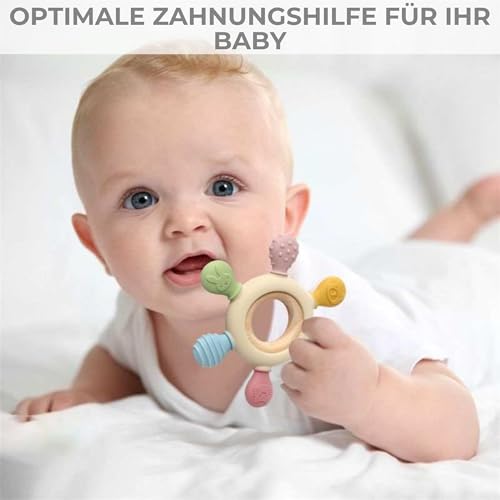 CAJA Beißring Baby BPA freie Zahnungshilfe und Beißspielzeug aus Silikon und Holz Greifring mit Tiermotiv Geschenkidee zur Geburt Sicheres Babyspielzeug für Jungen und Mädchen