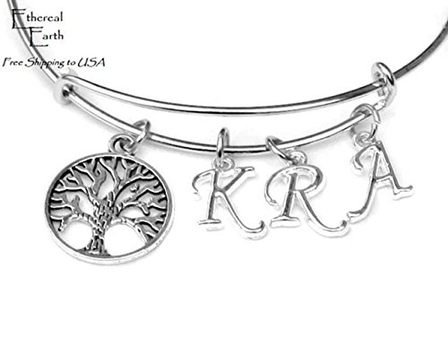 Ethereal Earth Tree of Life Monogrammed Mother's Day Bracelet, Adjustable band silver bracelet with up to four initials included, Mothers Day Gift, Grandmother Gift