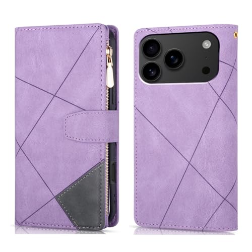 Housse cuir iPhone 17 Air violet motif lignes portefeuille avec zip