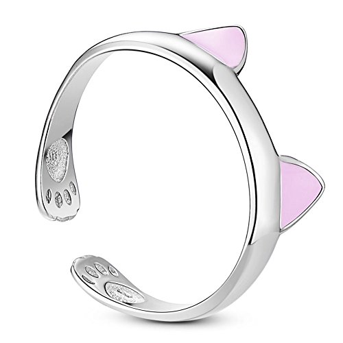 SHEGRACE Femmes Chat Bague en Forme d'oreilles de Chaton Argent Sterling Pur 925 Plaqué Platine,...