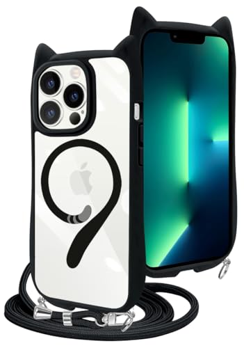 iPhone 13 Pro ケース 専用 猫耳 mimi MagSafe対応 TPU ストラップ付き ショルダー 肩掛け 縄掛け 紐付き 斜めがけ ストラップ着脱可 ネックストラップ 長さ調整可能 取り外し可能 ねこみみ 猫 ネコ ねこ 背面クリア シンプル おしゃれ アイフォン 13 プロ カバー かわいい 指紋防止 耐衝撃 韓国 スマホケース(クリアブラック)