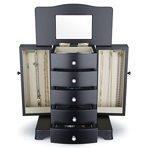 Rr Round Rich Design Jewelry Box - Made Of Solid Wood With Tower Style 4 Drawers Organizer And 2 Separated Open Doors On 2 Sides And Large Mirror Black #TOP1