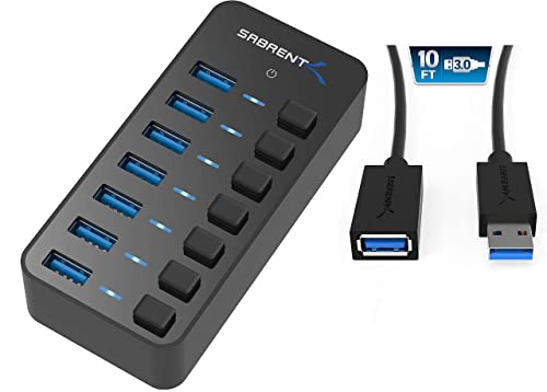 7 Port USB 3.0 Hub with Individual Power Switches and LEDs Includes 36W 12V/3A Power Adapter + USB 3.0 Extension Cable A Male to A Female [Black] 10 Feet