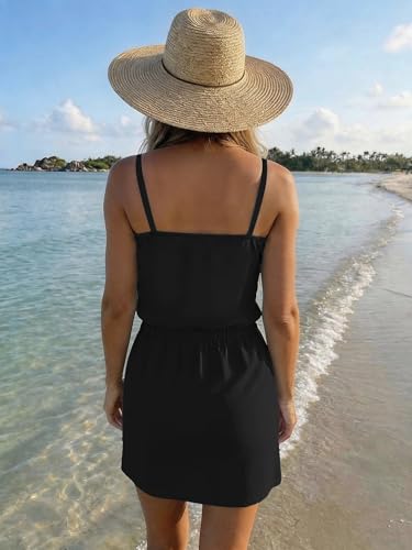 Image of Summer Dress for Women Strapless Beach Cover Ups Boho Sundress Mini Dress Drawstring Waist with Pockets