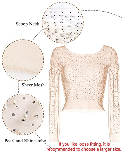 Women's Pearl Rhinestone See Through Long Sleeve Mesh Blouse One Piece Cover Up Halloween Festival Crop Top3