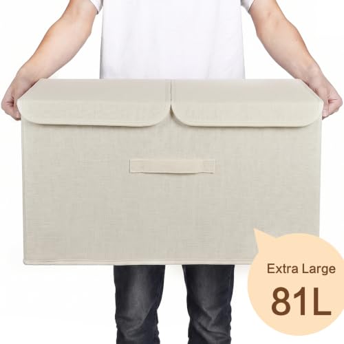 Image of 2 Pack Large Storage Boxes with Lids and Handles, Collapsible Linen Storage Bins Organizer Containers Baskets Cube with Removable Divider for Home Bedroom Closet Office (Cream, XL)