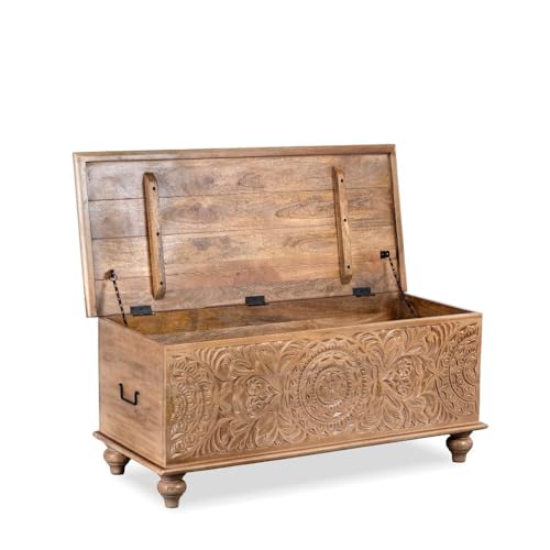 Image of Natura Solid Wood Coffee Table for Living Room Wooden Trunk Box for Storage | Handcrafted Center Table for Living Room with Sandook Storage | Pitara for Home and Bedroom (Natural Brown)