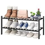 viewcare 2-Tier Black Bamboo Shoe Rack for Entryway, Stackable | Foldable | Natural, Shoe Shelf Storage Organizer for Hallway Closet, Free Standing Shoe Racks for Indoor Outdoor