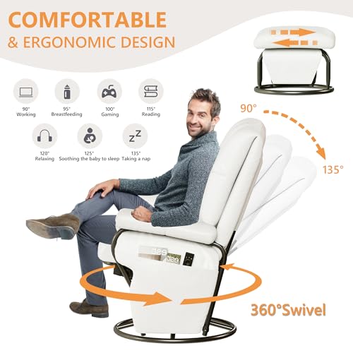 JIASTING 360° Swivel Leather Recliner Chair with Ottoman & Double Side Pockets, Nursing Glider Rocking Recliner Chair, Gliding Chairs for Nursery, Living Room, Office, Bedroom, Metal Frame (White) - Image 5
