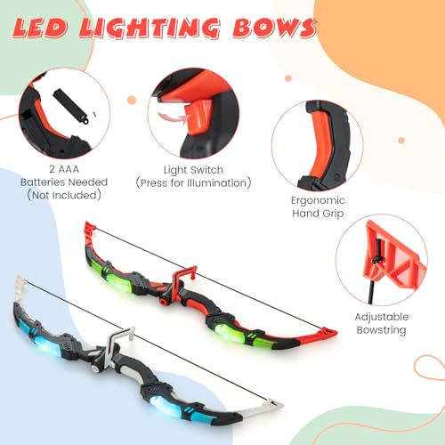 COSTWAY 2 Pack Bow and Arrow Set for Kids, LED Light Up Archery Toy Set with 20 Suction Arrows, 2 Quivers & Detachable Standing Target, Indoor & Outdoor Sport Toy Gift for Boys Girls Ages 3+ - Image 4