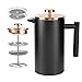 Miuly - Cafetera de émbolo French Press, 0,35 litros, pequeña, de acero inoxidable, prensa francesa con 2 coladores adicionales, color negro y dorado, 350 ml (2 tazas)