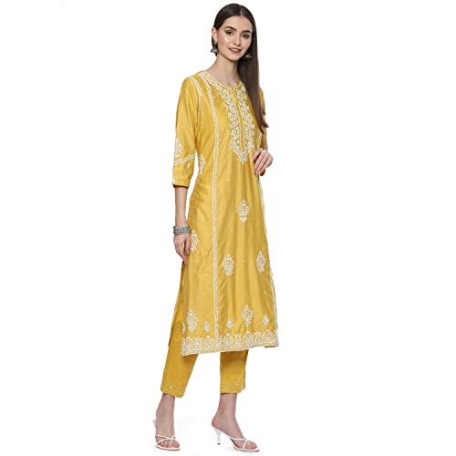 Image of BIBA Women Cotton Blend Straight Kurta Slim Pants Suit Set