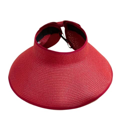 Chapeau de paille vide femme protection solaire visière large bord pliable rouge