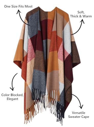 Image of Bestshe Women's Boho Open Front Poncho Plaid Shawl Wrap Cape | Tassel Cardigan Sweater, Cozy Layering, Fall Winter Clothes for Women