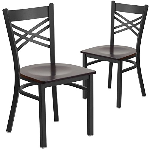 Image of Flash Furniture 2 Pack HERCULES Series Black ''X'' Back Metal Restaurant Chair - Walnut Wood Seat